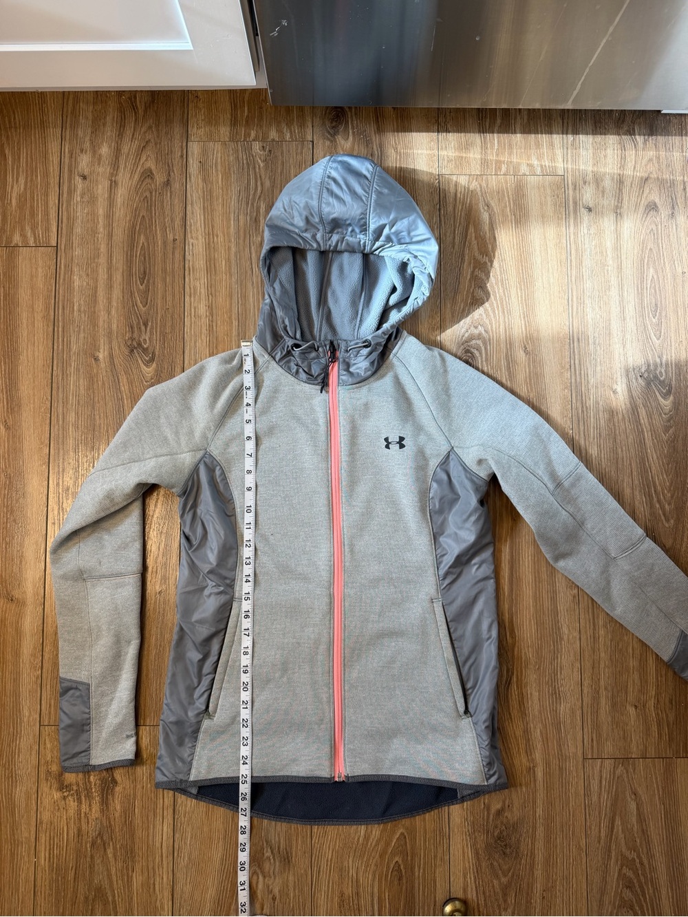 Under Armour Girls' Light Gray Hooded Puffer Jacket with Coral Zipper
